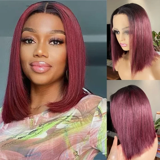 1B/99J Color Short Bob Wig 13X4 Pre Plucked Bone Straight Ombre Burgundy Lace Front Human Hair Wigs